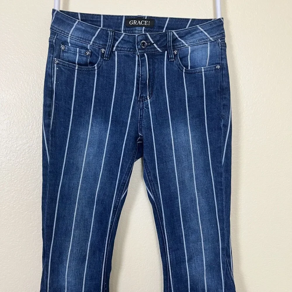 Grace in LA Women Size 25 Stripe Flare Denim Jeans Frayed Bell Bottom Western